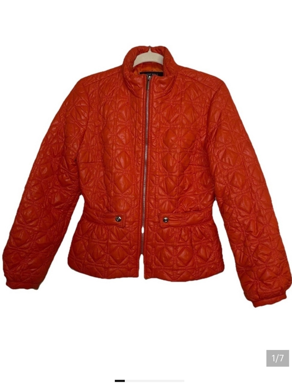 Nine West Women’s Orange Quilted Peplum Jacket Size Small Two Front Pockets